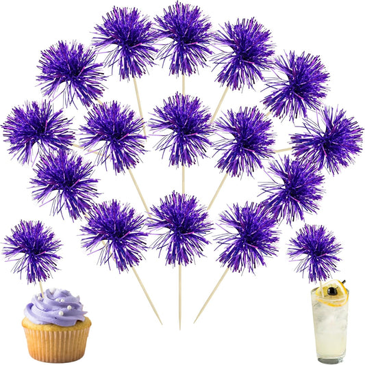 Ephlyn 30Pcs Foil Firework Cupcake Toppers Party Birthday Cake Toppers Supplies Sparkle Tinsel Cocktail Fruit Toothpick for Birthday Wedding Graduation Party Supplies Purple