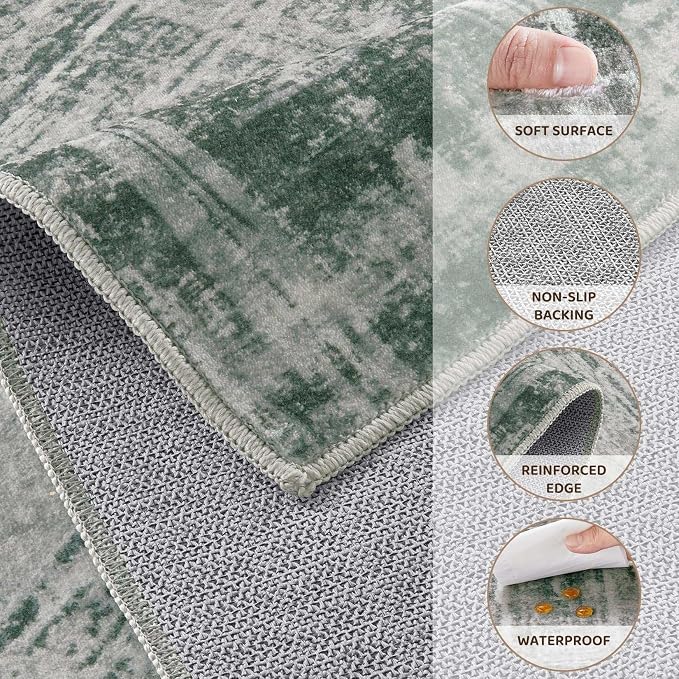 UERMEI 9x12 Washable Area Rug for Living Room: Modern Neutral Abstract Large Soft Low Pile Carpet Non-Slip Pet Kids Friendly Indoor Decor for Bedroom Dining Room Home Office Nursery Grey/Green