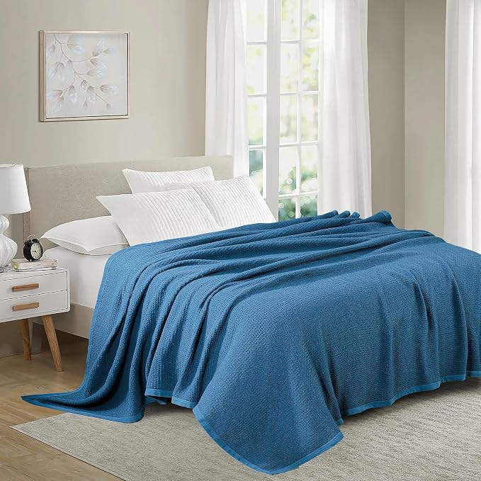 TreeWool Premium 100% Cotton Waffle Summer King Blanket (90"x108", Teal) | 420 GSM Breathable Lightweight Moisture Wicking Soft Knit Thermal Blanket for Bed or Sofa All-season Comfort Machine Washable