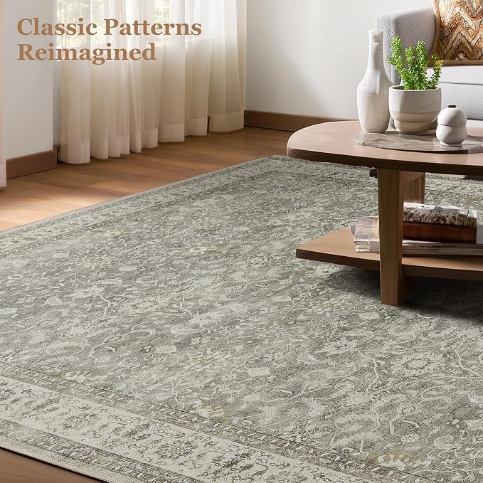 Neutral Gray 5x7 Area Rugs, Transitional Modern Faromhouse Print Rugs for Living Room Bedroom, Washable Non Slip Ultra Thin Carpet Rug for Dining Room Home Office, Soft French Gray/Beige/Olive
