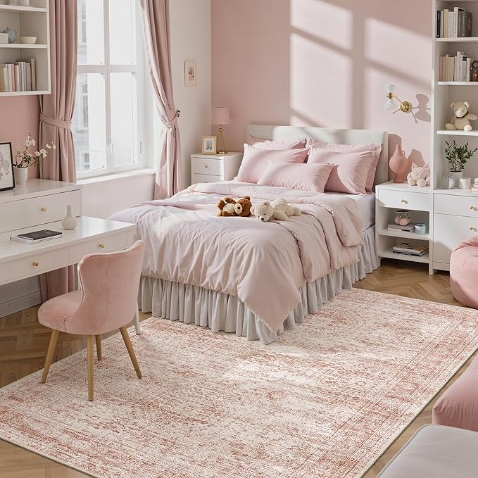 Soalmost 5x7 Area Rugs Pink Low Pile Indoor Washable Trendy Faded Style Rugs for Bedroom Living Room Dining Room Foldable Non-Slip Thin Print Mat
