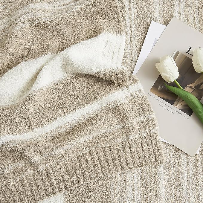 WRENSONGE Soft Throw Blanket for Couch-Cozy Reversible Knitted Blankets | Lightweight Warm Fluffy Decor for Women, Mom, Her & Girls, Sofa, Chair, Bed, 50x70in,Khaki Stripe