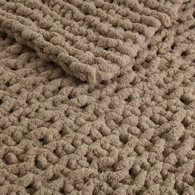 Madison Park Chenille Chunky Knit Handmade Throw Blanket, Luxuriously Soft Gift Blankets, Cottage Style Room Décor, Lightweight & Breathable All Seasons Throw Blanket for Couch, 50" W x 60" L Brown