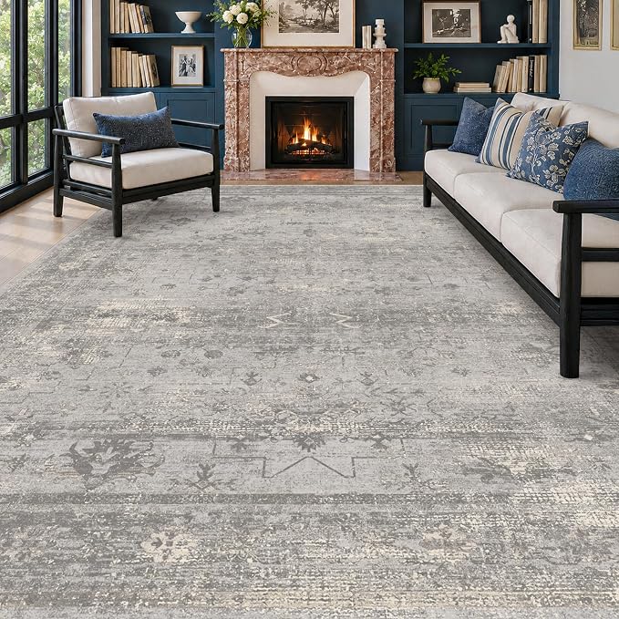 Modern Farmhouse 8x10 Washable Rug for Living Room, Neutral Gray Vintage Distressed Rug, Soft Non-Slip Low Pile Carpet for Bedroom, Dining Room & Home Office