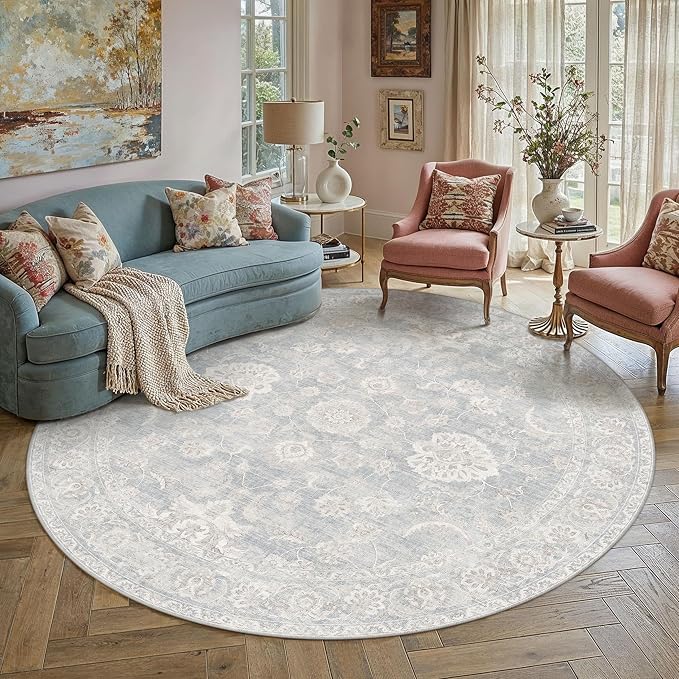 8x8 Blue Cream Washable Round Rug for Living Room Bedroom Neutral Floral Soft Non Slip Circle Rug Low Pile Distressed Carpet for Dining Room Nursery Office Indoor