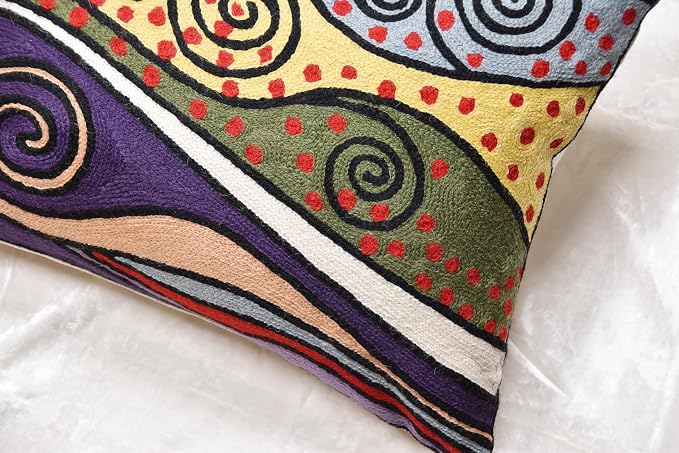 Lumbar Cushion Cover Hand Embroidered Wool 13x21 (Purple Night Sky Pillow Cover)
