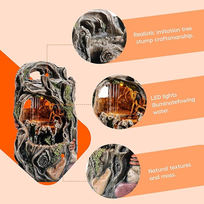 MAOCHI Tabletop Water Fountain, Home Décor Soothing Sound Machine with Automatic Pump, Nature Tree Stump Resin and for Indoor Zen Relaxation for Office, Living Room, or Bedroom Décor