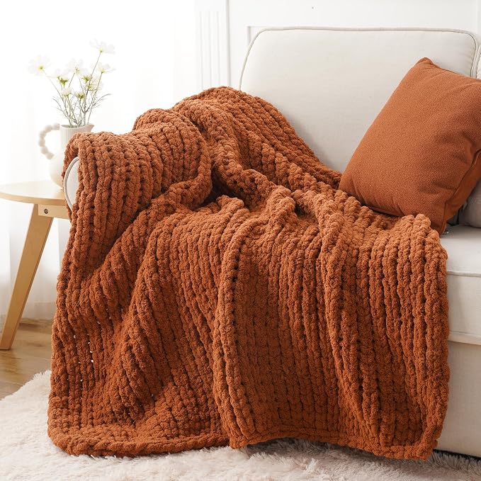Battilo Fall Chunky Knit Throw Blanket, Soft and Thick Chenille Throw Blanket, 50"x60" Handmade Cable Knit Crochet Blanket, Rust Knitted Throw Blankets for Couch Fall Decoration, Caramel