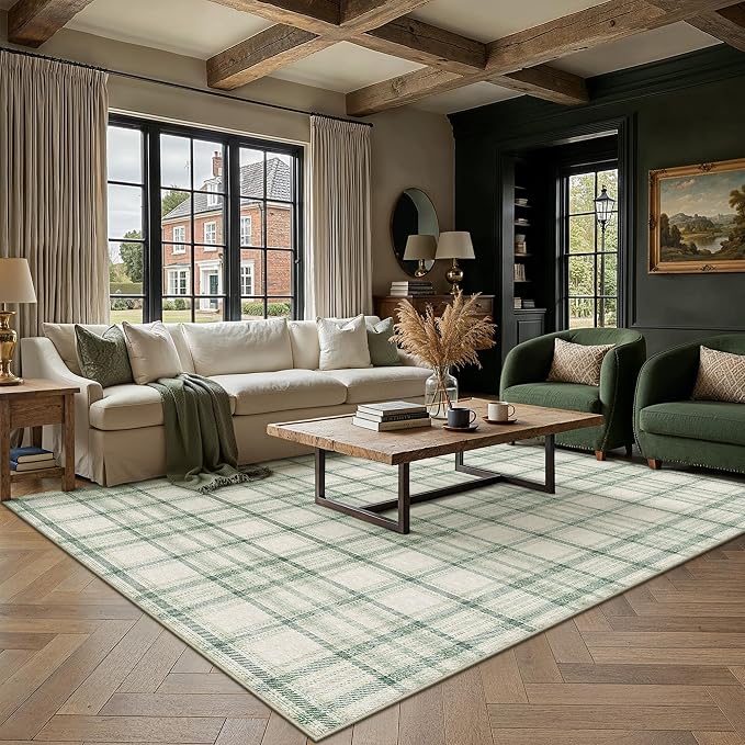 5x7 Green Area Rug for Living Room Bedroom Machine Washable Low Pile Checkered Carpet Modern Accent Soft Non Slip Rug for Dining Room Nursery Office Indoor