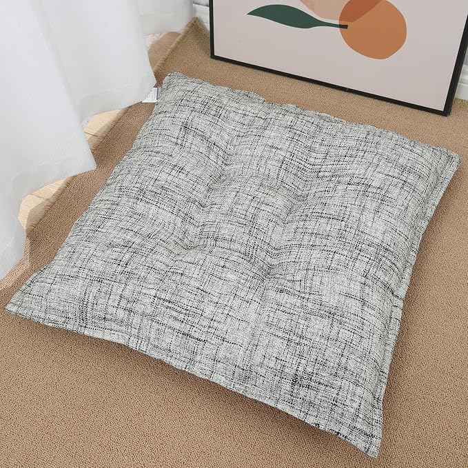 SINSOSSO Large Floor Pillow 22", Thickened Bite-Size Memory Foam Square Non-Slip Cushion for Office Back Support/Indoor Yoga/Chair Seat, Fashionable Color-Blocked Fabric & Washable, White-Gray, 1 PCS