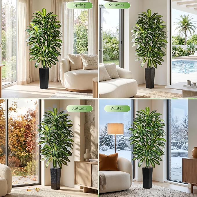 Artificial Dracaena Tree - 7FT Tall Fake Plants with Black Square Planter - Artificial Plants Indoor Floor Plant in Pot - Large Tropical Fake Yucca Potted Tree for Home Office Living Room Decor