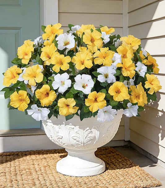 HyeFlora Artificial Flowers for Outdoors 4PCS Faux Petunias Silk Fake Flowers for Outside Planter UV Resistant Realistic Home Garden Porch Decor (Yellow 4branches)