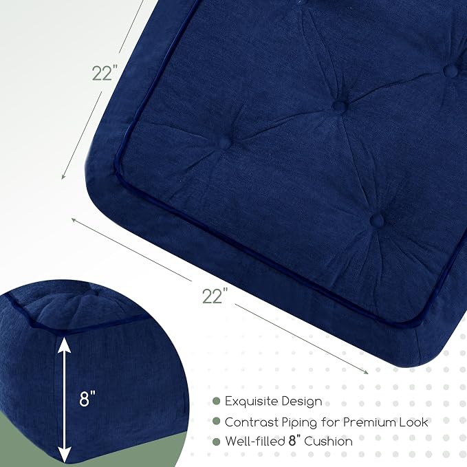 HIGOGOGO 8" Extra Thick Floor Pillow Cushion for Adults, Meditation Cushion Pillow with Handle, Lustrous Chenille Tufted, Square Floor Sitting for Tatami Living Room or Yoga, 22x22 Inch, 2Pack, Navy