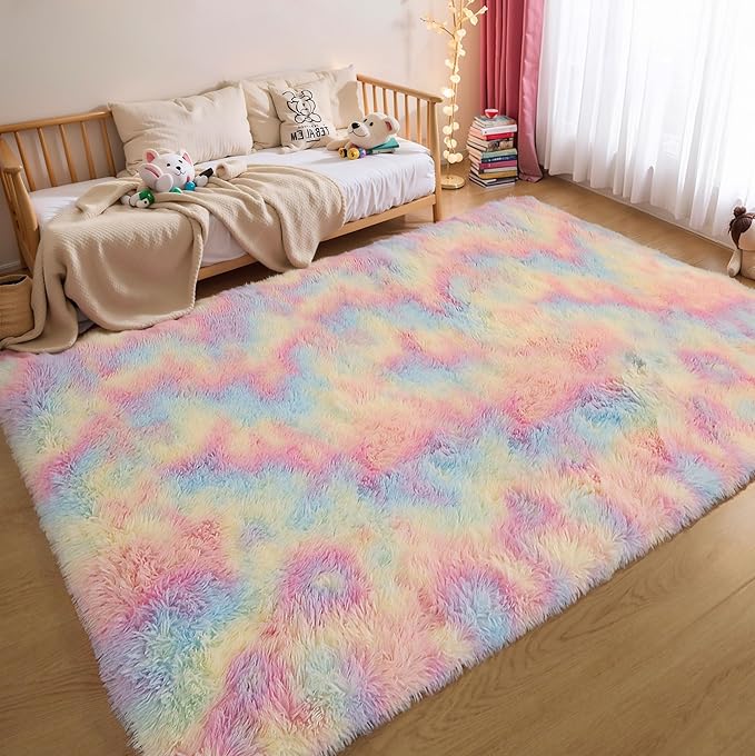 Washable 4x6 Rainbow Fluffy Shaggy Area Rugs, Kawaii Princess Soft Plush Carpet for Girls Bedroom Kids Playroom, Cute Colorful Fuzzy Rug for Nursery Dorm Baby Toddler Teenage