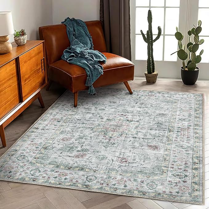 CHAMPLANT Area Rug 6'x9' Washable Vintage Traditional Floor Cover Thin Retro Kitchen Indoor Distressed Non Slip Carpet for Living Room Bedroom Dining Room