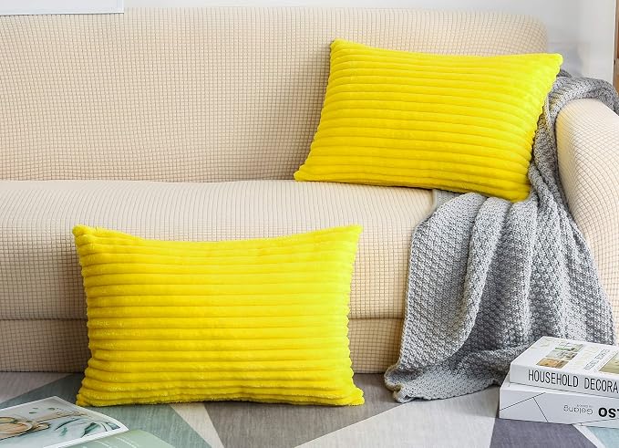 TangDepot Velvet Big Corduroy Pillow Covers 12x20 Yellow 2-Pack | Soft wide-stripe corduroy pillow cover, hidden zipper, machine washable, easy refresh, for bedroom living room indoor outdoor