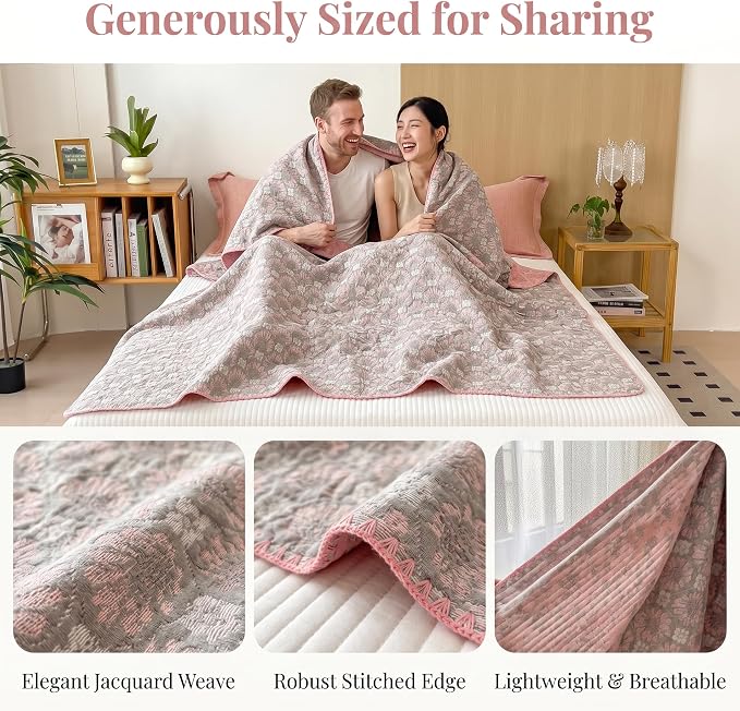 NIDITW Checkerboard Cotton Muslin Throw Blanket for Couch 6-Layer Checkered Gauze Blanket Soft Breathable All Season for Couch Bed Sofa (Pink Printing, King)