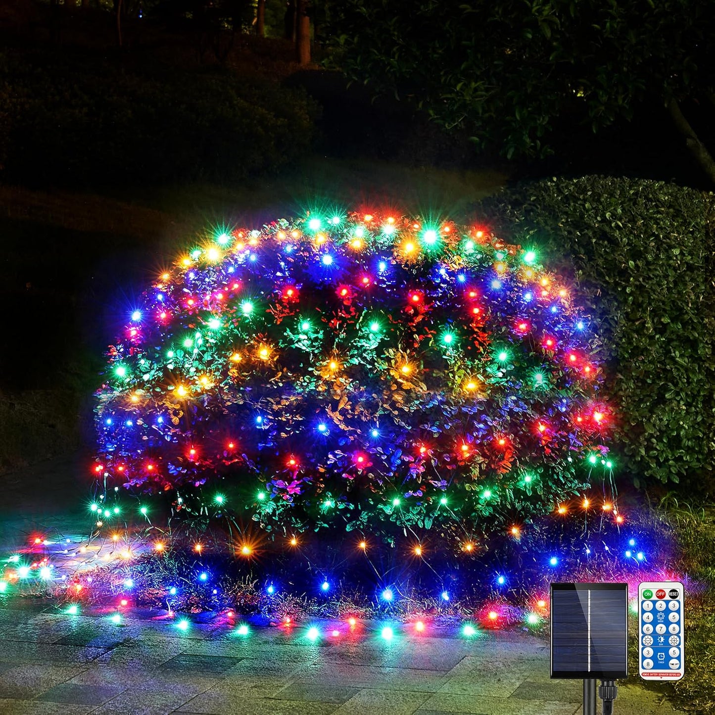 WBao Solar Christmas Lights Outdoor 200LED 8.4ft x 5.2ft Christmas Net Lights with Remote, 8 Lighting Modes, Timer, Waterproof for Lawn, Bushes, Shrubs, Trees Outdoor Christmas Decorations, Multicolor