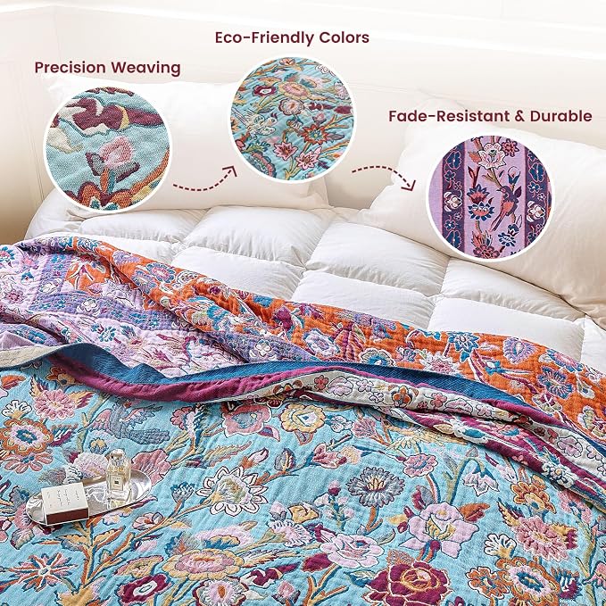 MSGKV Boho Throw Blanket for Bed 60"x80" 100% Cotton Couch Twin Size Floral Bird Blanket Summer Breathable Lightweigh Muslin Home Decorative Blankets