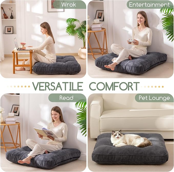 HIGOGOGO 35" Floor Pillow Cushion for Adults, Meditation Cushion Pillow, Extra Large Square Floor Sitting, Tufted Corduroy Cover for Tatami Living Room or Yoga, Dark Grey