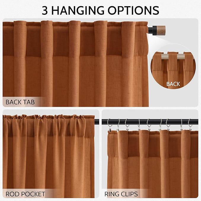 Desert Orange Linen Textured Curtains 96 Inch 2 Panels for Bedroom Back Tab Rod Pocket Sheer Light Filtering Boho Room Decor Aesthetic Burlap Look Curtain Drapes 8Ft 52x96