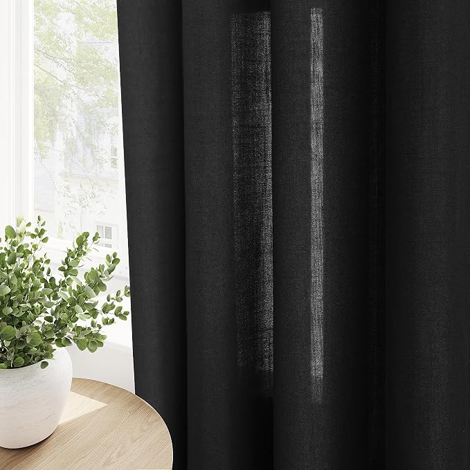 Black Linen Curtains 84 Inches Length for Living Room Grommet Sheer Luxury Light Filtering Window Curtain Modern Linen Look Semi Sheer Privacy Drapes for Bedroom Dining Room Office 52X84, 2 Panel