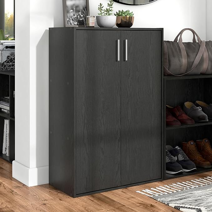 Homes: Inside + Out Apexa 3-Tier Stackable Wood Bookcase with Doors, Cube Storage Organizer Shelves, Small Food Pantry Cabinet, Dorm Teen Room Decor & Bedroom, Home Office, Kitchen, Black