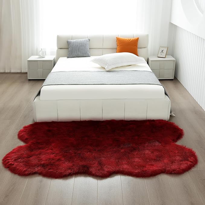 Faux Fur Rug Red Fluffy Sheepskin Area Rug,Ultra Soft Shaggy Plush Rug Bedroom Living Room Sofa Floor Kids Room Bedside（4 x 6 ft Sheepskin）
