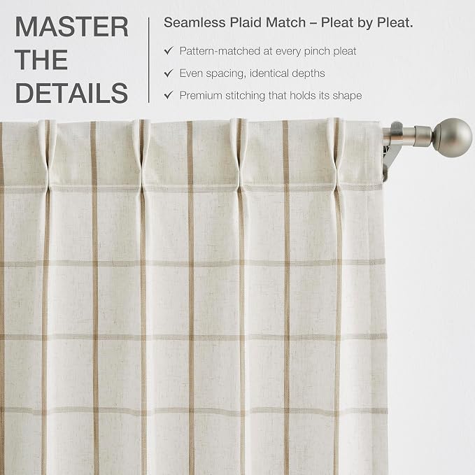 Vision Home Flax Linen Plaid Pinch Pleated Semi Sheer Curtains Checkered Light Filtering Window Panels 84 inches Long for Living Room Bedroom Rustic Pinch Pleat Drapes with Back Tab Hooks 40" Wx84"Lx2