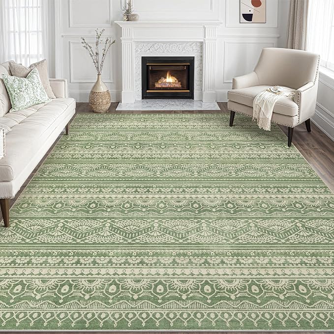 Tortania Area Rug Living Room Rugs - 8x10 Washable Large Soft Neutral Boho Moroccan Bohemian Farmhouse Rug Indoor Floor Carpet for Bedroom Under Dining Table Home Office Decor - Green