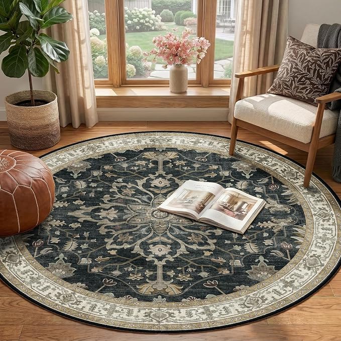 RELEANY Area Rugs Round 4ft Washable Non-Slip, Floral Vintage Distress Print Pattern Medallion Carpet for Living Room Bedroom Dining Room, Vintage Black Brown Neutral
