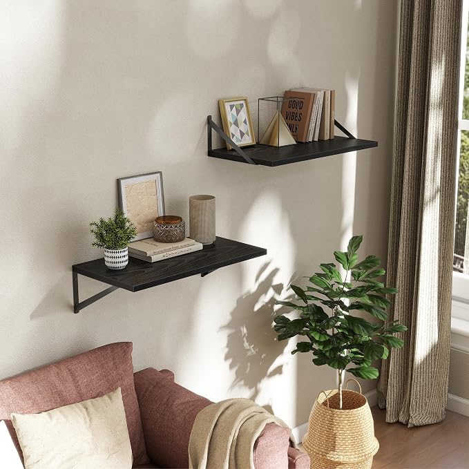 Acovy Deep Floating Shelves Wall Mounted, 24"x12" Black Wall Shelves with Brackets Set of 2 for Bedroom, Living Room, Bathroom, Kitchen, Office - Storage & Display Shelf for Decor, Books, Plants