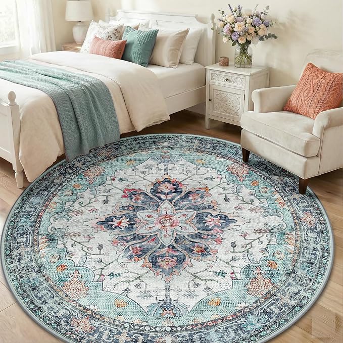 RELEANY Area Rugs 6ft Washable Non-Slip, Floral Vintage Distress Print Pattern Medallion Carpet for Living Room Bedroom Dining Room, Green Navy Blue White Red Teal Colorful