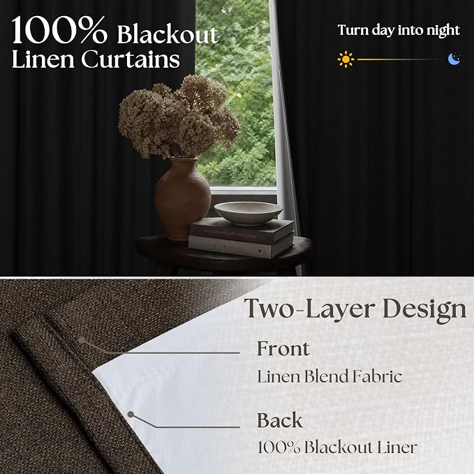 Dark Brown Pleated Double Layer Thick Linen Curtains 90 Inches Long for Bedroom Living Room Memory Trained Pinch Pleat 100% Blackout Thermal Noise Blocking Rustic Windows Drapes 2 Panels Set