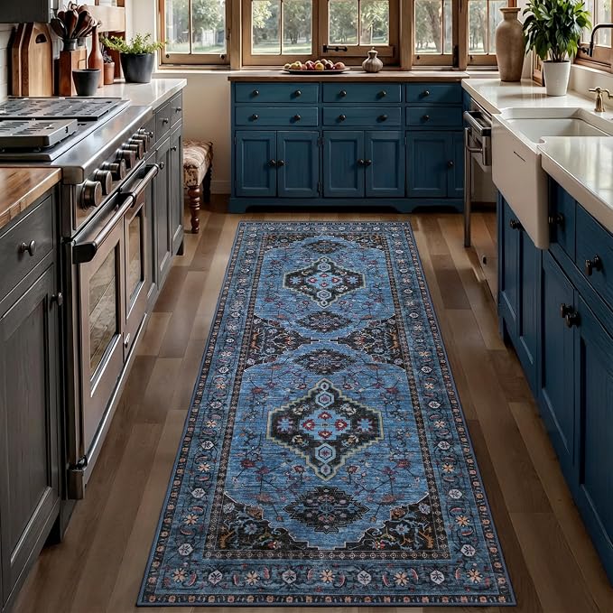 Tangsoo Blue 2x5 Washable Runner Rug for Hallways, Non Slip Oriental Runner Rugs, Soft Low Pile Long Rug Runner, Vintage Carpet Runners for Kitchen Bedroom Entryway Bathroom Living Room Blue/Black