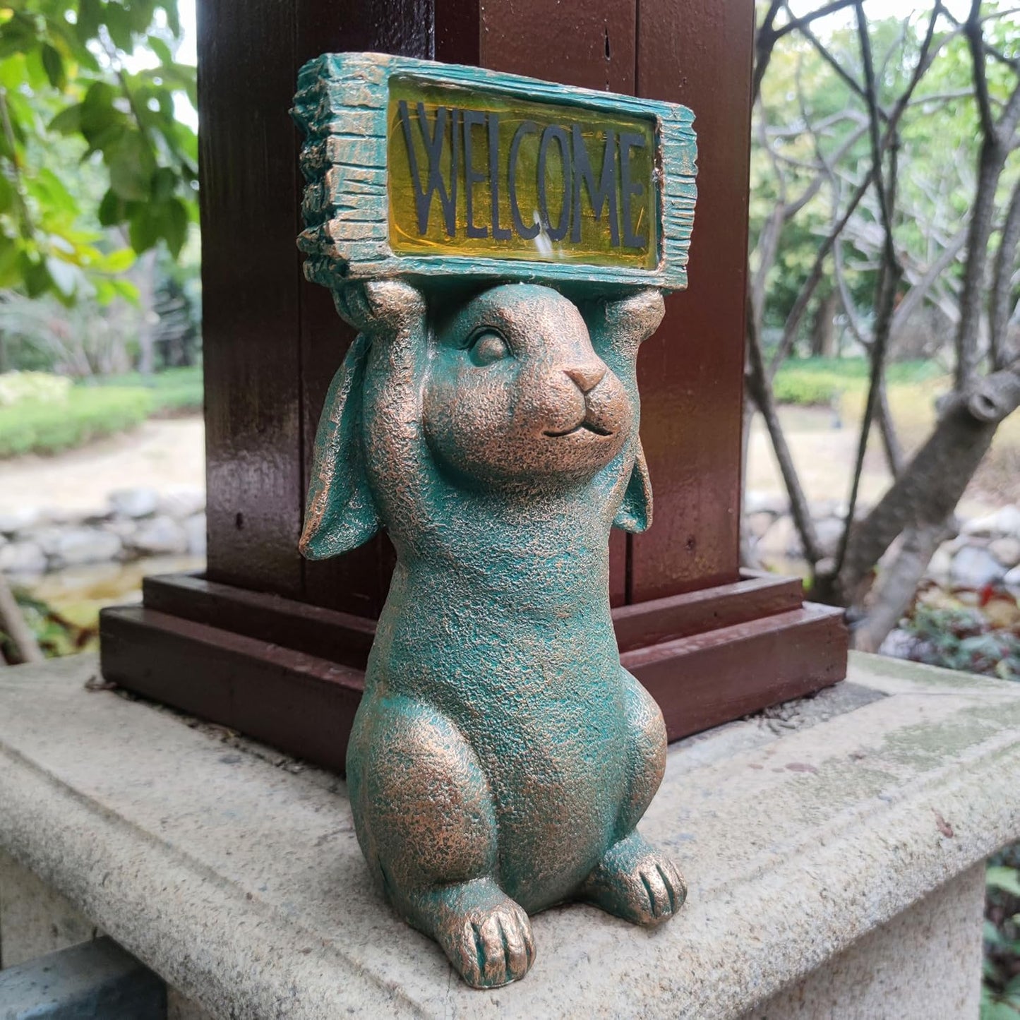 Rabbit Solar Welcome Garden Statues Outdoor Décor-Rabbit Figurines Solar LED Light Lawn Ornaments - Yard Decorations for Patio, Balcony, Backyard -Unique House Warming Gifts for Mom