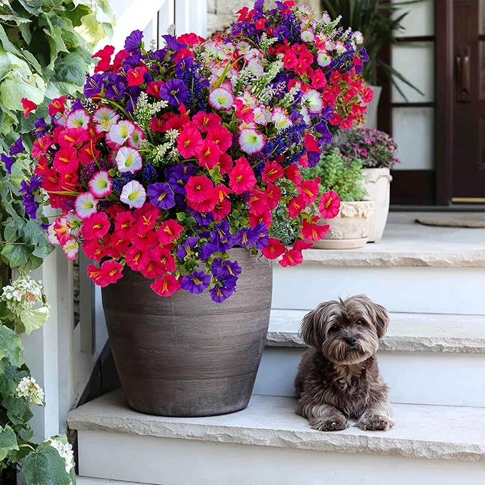 AXYLEX Artificial Flowers Outdoor Morning Glory - 16 Bundles Fake Plants UV Resistant No Fade Faux Plastic Greenery Home Garden Porch Decoration Indoor (1, Multi16-3)