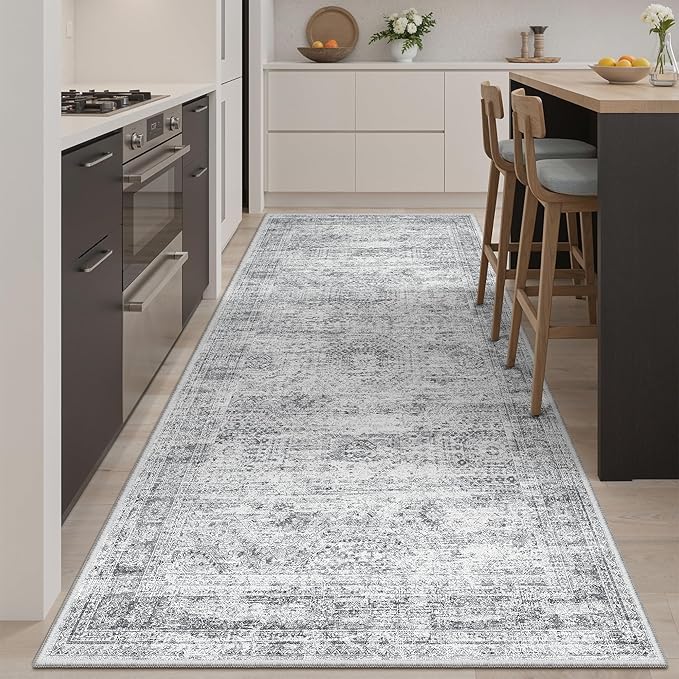 Soalmost Hallway Runner Rug 4x8 Wide: Washable Thin Runners for Hallways Entry, Non Slip Soft Vintage Kitchen Area Rugs for Living Room Bedroom Dining Room Foyer (Grey, 4x8)