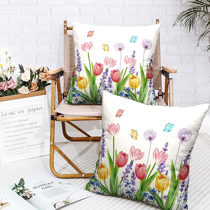 Summer Floral Throw Pillows Cover 18x18 Set of 2 Pink Tulip Flower Pillow Covers Lavender Dandelion Butterfly Decorative Pillow Case for Farmhouse Patio Sofa Couch