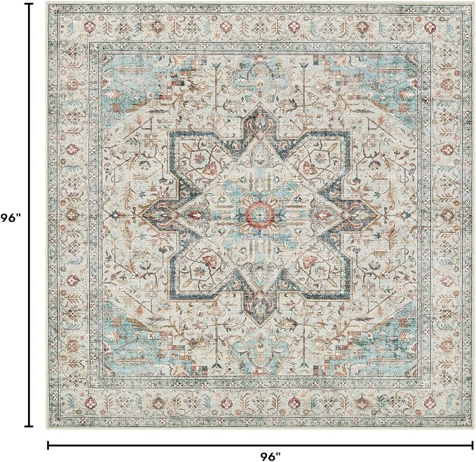 Tortania 8' Square Area Rug Living Room Rugs - Washable Boho Rug Vintage Oriental Distressed Farmhouse Large Thin Indoor Carpet for Bedroom Under Dining Table Home Office - Aqua Multi