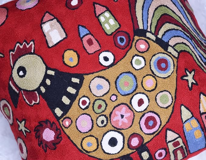 Red Rooster Throw Pillow Cover Karla Gerard Floral Pillowcase Floral Chair Cushion Flower Couch Pillowsham Red Farmhouse Pillow Hand Embroidered Cushions Wool Size 18x18
