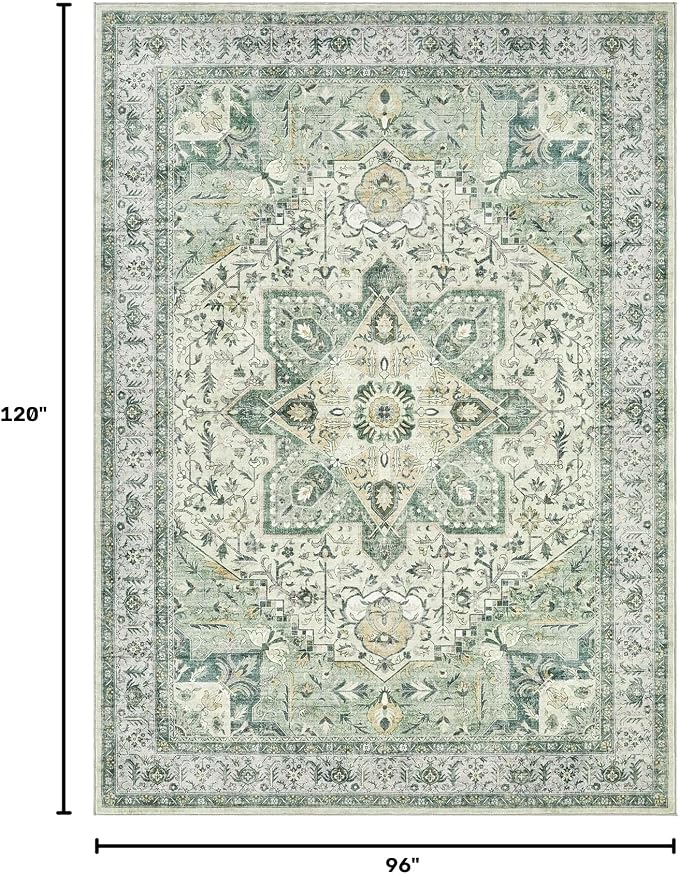 Tortania Area Rug Living Room Rugs - 8x10 Washable Boho Rug Vintage Oriental Distressed Farmhouse Large Thin Indoor Carpet for Living Room Bedroom Under Dining Table Home Office - Green