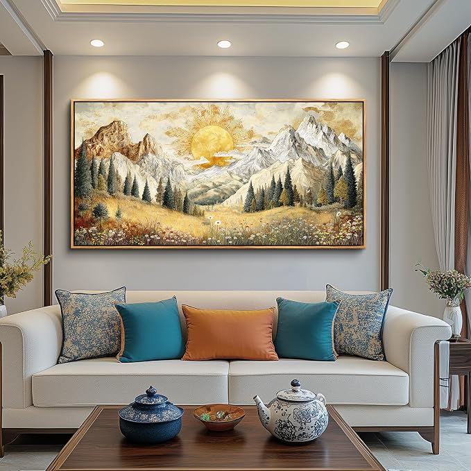 XIGUANGART Framed Large Canavs Wall Art,Mountain Wall Art,Wildflower Forest Art,Modern Farmhouse Decor,Living Room Pictures Paintings,Sunrise Artwork for Walls,Landscape Bedroom Office Decorations
