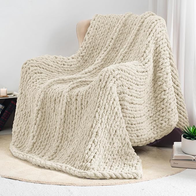 Chunky Knit Throw Blanket 50x60, 100% Handmade Chenille Yarn | 4.4lbs Soft Thick Cable Knitted Blankets, Large Rope Knot Crochet Throws for Couch Sofa Bed Machine Washable, Light Beige