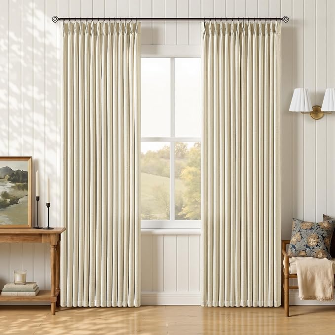 Cream Pleated Linen Curtains 84 Inches Long for Living Room Boho Warm Beige Linen Textured Semi Sheer Privacy Bedroom Pinch Pleat Curtains Memory Training Light Filtering Drapes 2 Panels 40Wx84L