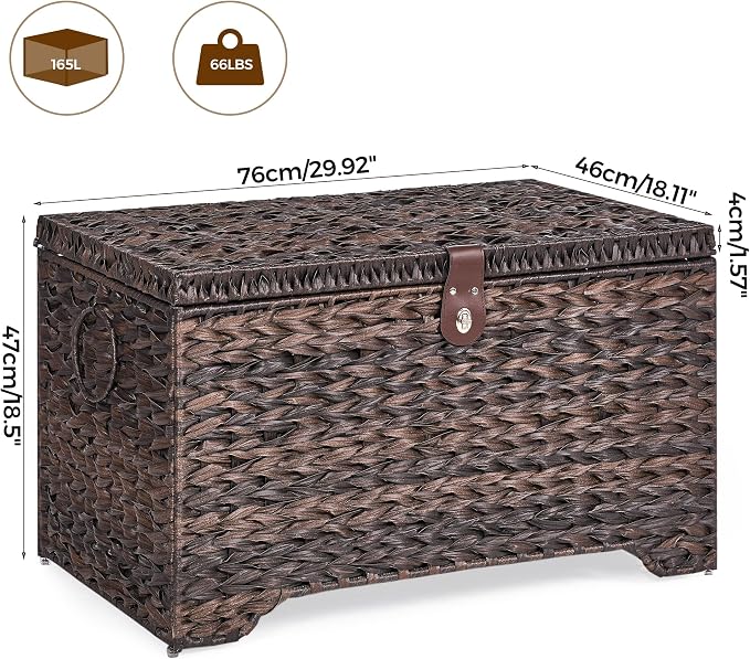 Honjourai Handwoven Storage Basket with Lid, 165L Plastic Rattan Storage Bin, Leather Buckle & Metal Frame, Large Metal Ring Handles, Storage Trunk for Bedroom, Laundry Room