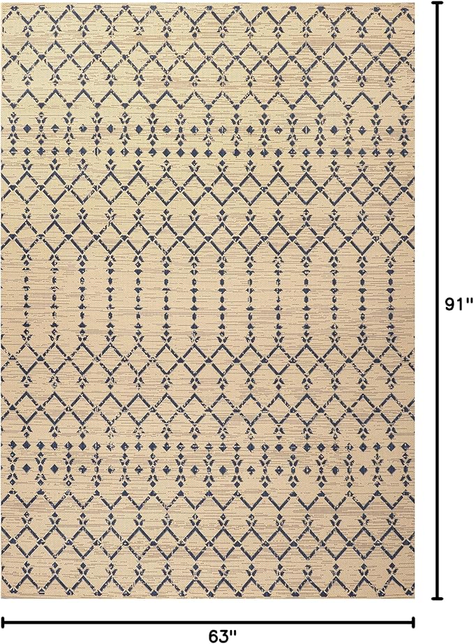 JONATHAN Y Moroccan Geometric Indoor Outdoor Area Rug 5X8 Beige/Navy, Ourika Textured Weave for Backyard, Patio, Porch, Easy-Cleaning, High Traffic, Pet-Friendly, Non-Shedding (SMB108H-5)