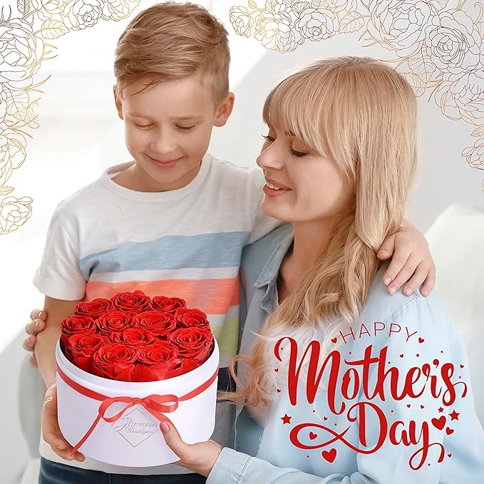 GLAMOUR BOUTIQUE Flowers Forever Gift Box, 12 Real Preserved Roses in Velvet Box, Floral Gift for Her, Mom or Wife for Birthday, Mother’s Day, Anniversary or Graduation, Red (Color-Treated)