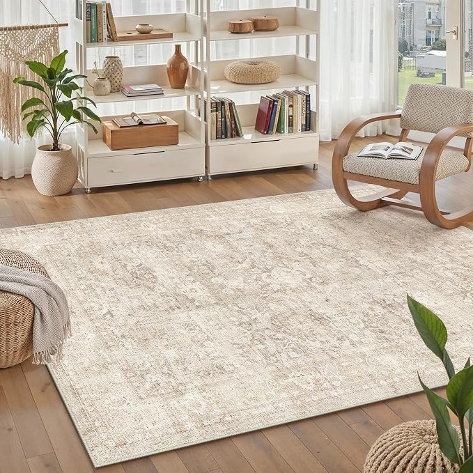 4x5 Beige Washable Area Rug for Living Room Bedroom Neutral Soft Non Slip Rug Low Pile Vintage Distressed Carpet for Dining Room Nursery Office Indoor