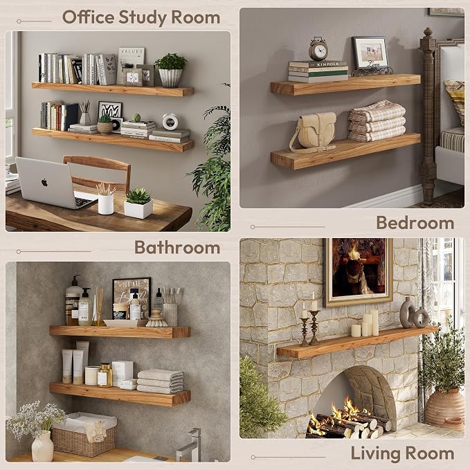 Marsmiles 40 inch Floating Shelves for Wall Solid Elm Wood Wall Mounted Shelves|Rustic Long Floating Shelves with Invisible Bracket for Bathroom Living Room Kitchen|Natural, 1 Pack